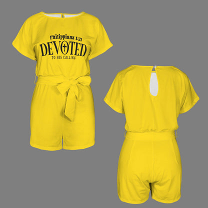 Devoted To His Calling Christian Women's Belt Keyhole Back Short Sleeve Romper - ClaimedbyGodDesigns