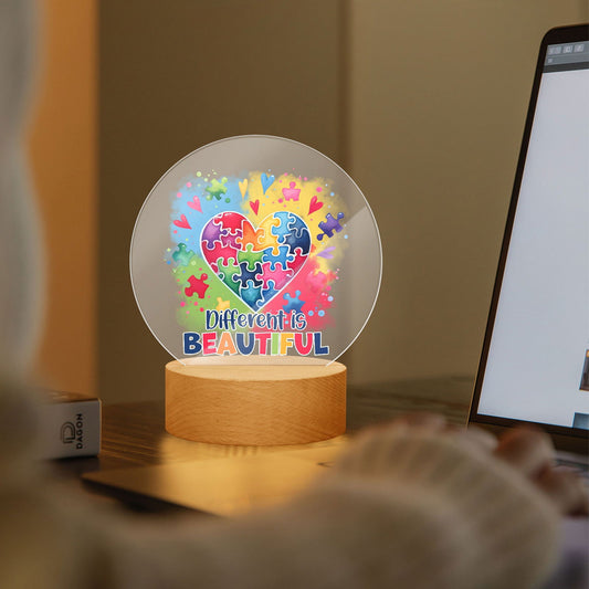 Different Is Beautiful Autism Awareness Round Acrylic Plaque with Stand – Celebrate Diversity and Strength - ClaimedbyGodDesigns