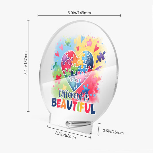 Different Is Beautiful Autism Awareness Round Acrylic Plaque with Stand – Celebrate Diversity and Strength - ClaimedbyGodDesigns