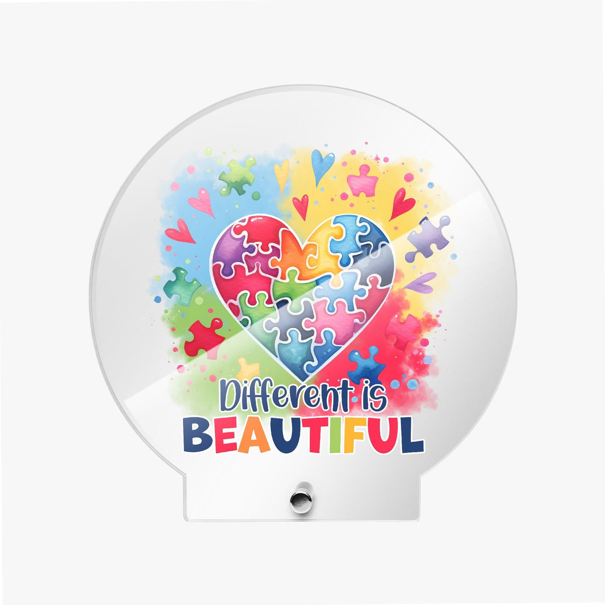 Different Is Beautiful Autism Awareness Round Acrylic Plaque with Stand – Celebrate Diversity and Strength - ClaimedbyGodDesigns
