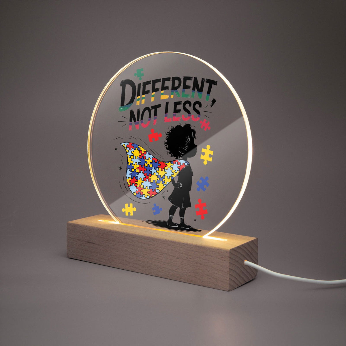 Different Not Less Autism Awareness Round Acrylic Plaque with Stand – Celebrate Neurodiversity - ClaimedbyGodDesigns