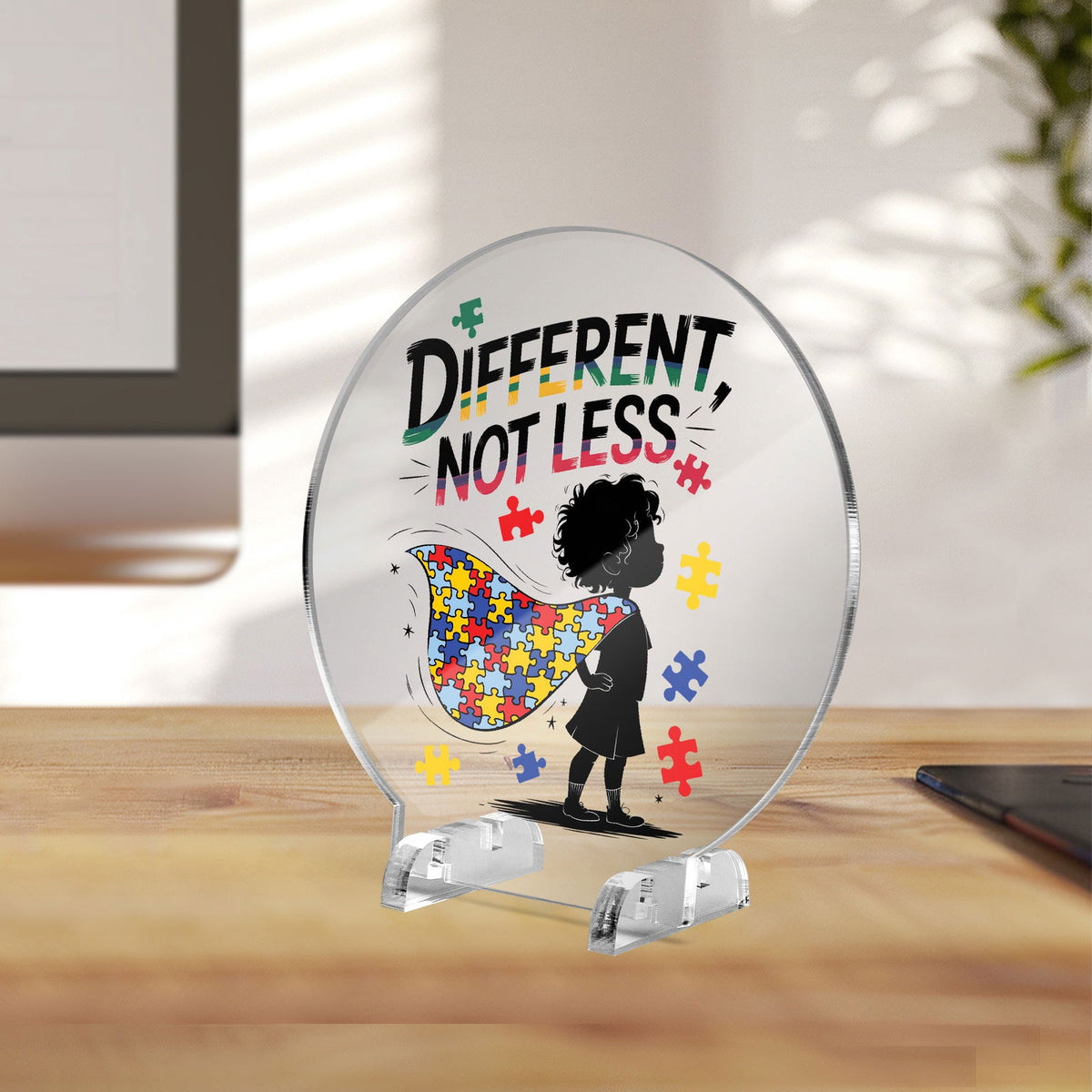 Different Not Less Autism Awareness Round Acrylic Plaque with Stand – Celebrate Neurodiversity - ClaimedbyGodDesigns