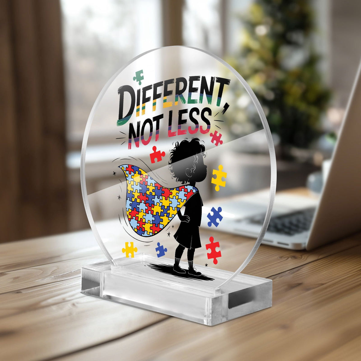 Different Not Less Autism Awareness Round Acrylic Plaque with Stand – Celebrate Neurodiversity - ClaimedbyGodDesigns