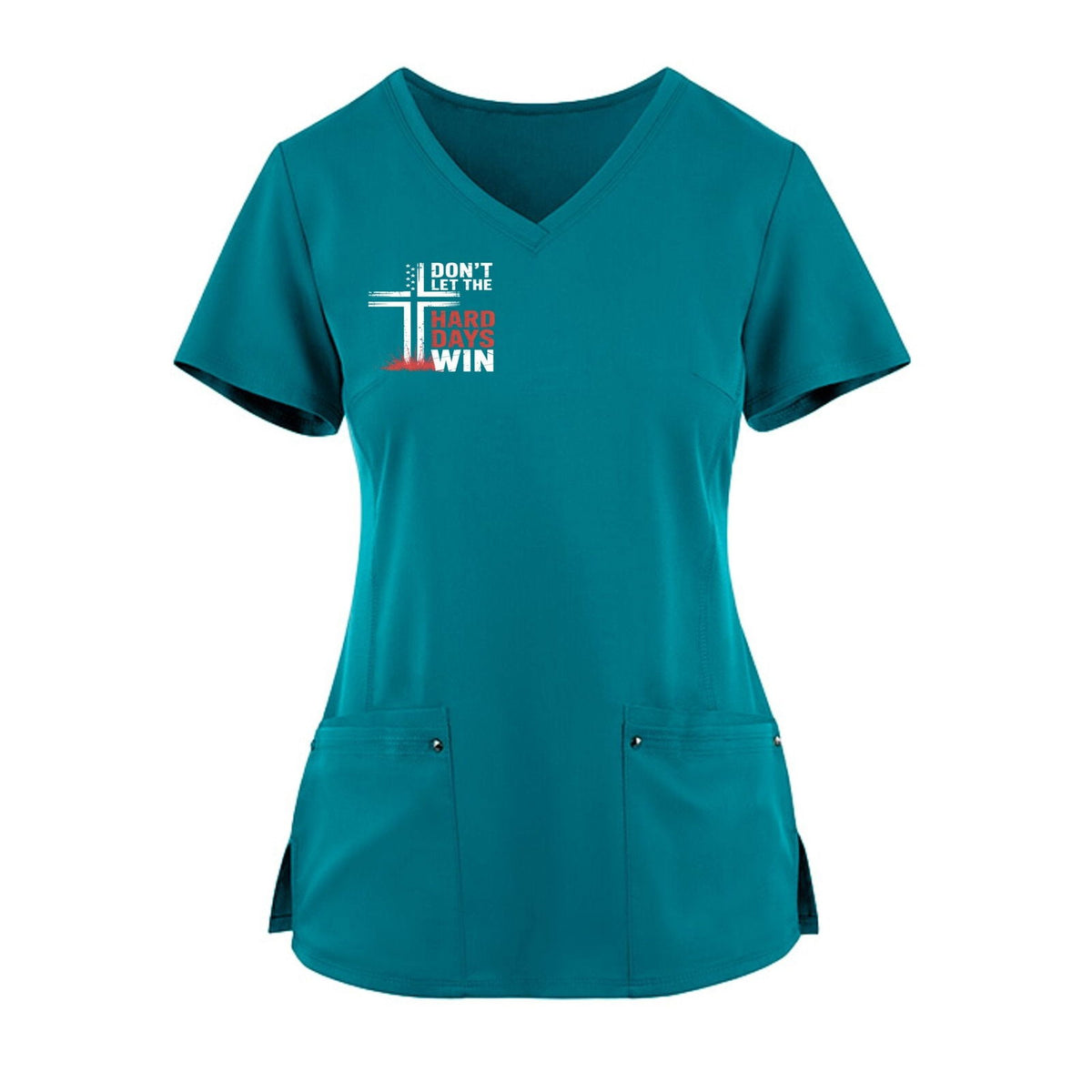 Don't Let The Hard Day Win Premium Women's Christian 2-Pocket Juliet Stylish V-Neck Medical Scrub Top - ClaimedbyGodDesigns