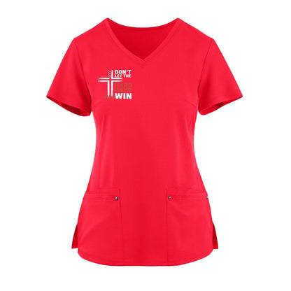 Don't Let The Hard Day Win Premium Women's Christian 2-Pocket Juliet Stylish V-Neck Medical Scrub Top - ClaimedbyGodDesigns