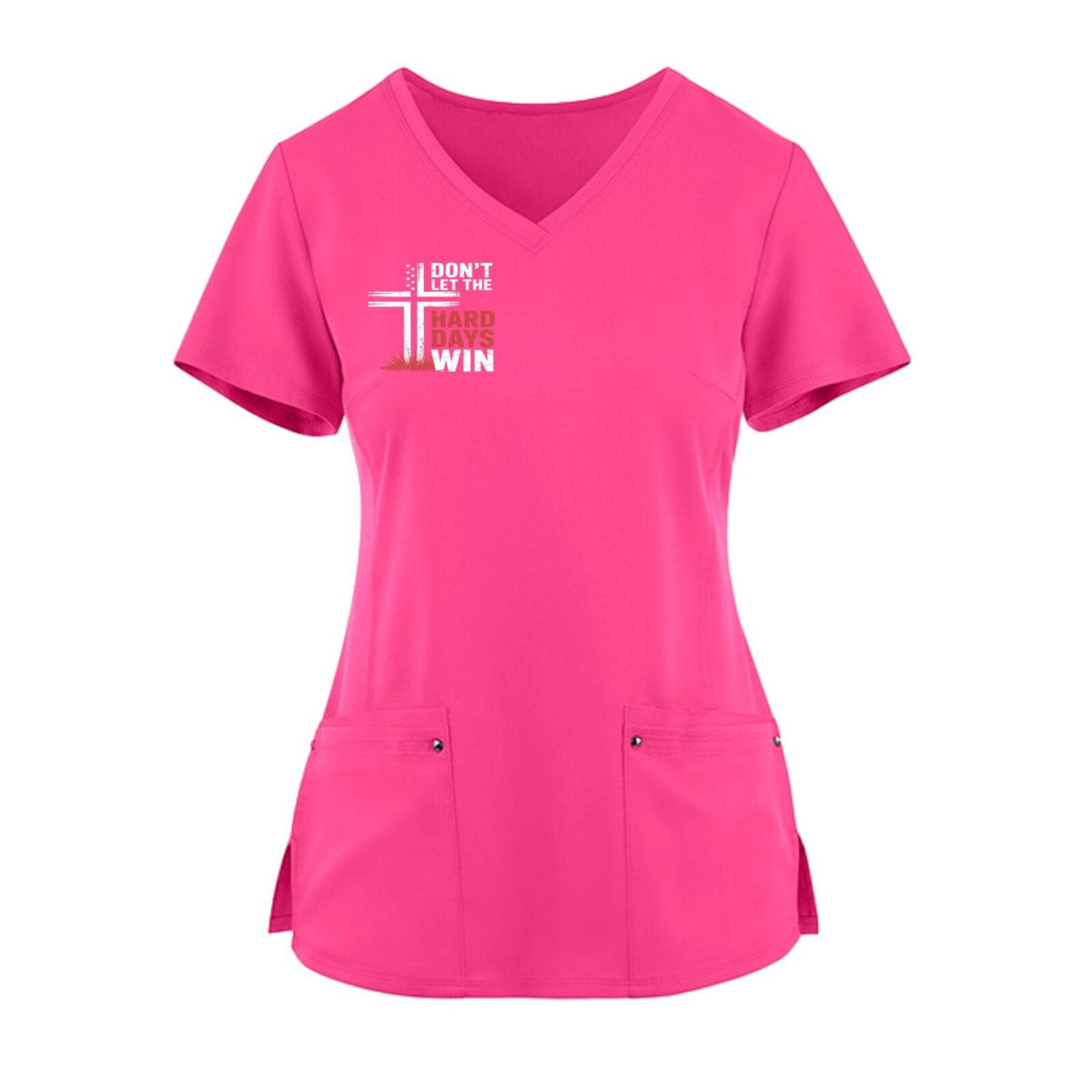 Don't Let The Hard Day Win Premium Women's Christian 2-Pocket Juliet Stylish V-Neck Medical Scrub Top - ClaimedbyGodDesigns