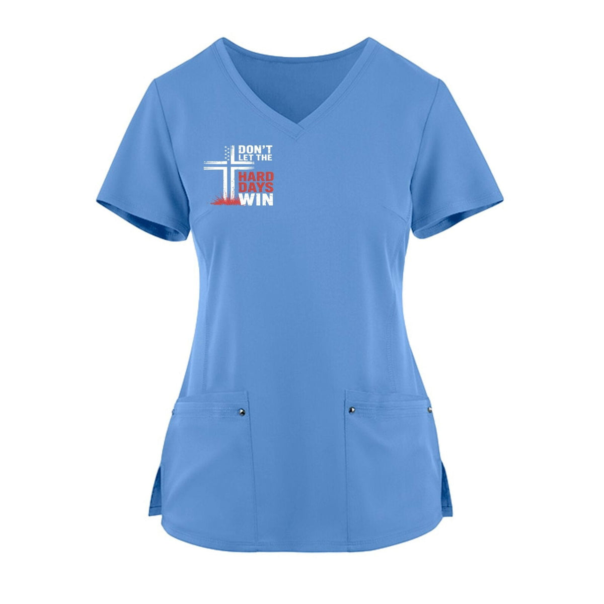 Don't Let The Hard Day Win Premium Women's Christian 2-Pocket Juliet Stylish V-Neck Medical Scrub Top - ClaimedbyGodDesigns