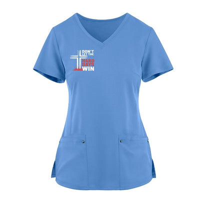 Don't Let The Hard Day Win Premium Women's Christian 2-Pocket Juliet Stylish V-Neck Medical Scrub Top - ClaimedbyGodDesigns