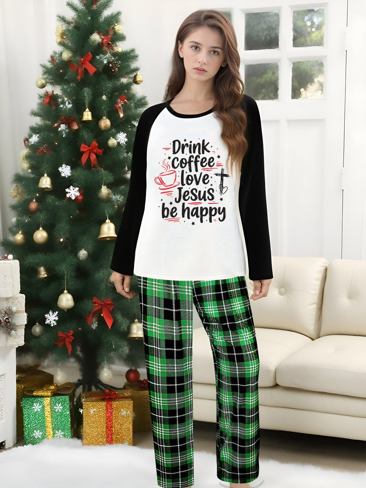 Drink Coffee Love Jesus Be Happy Unisex Adult Christian Plaid Pajamas - ClaimedbyGodDesigns