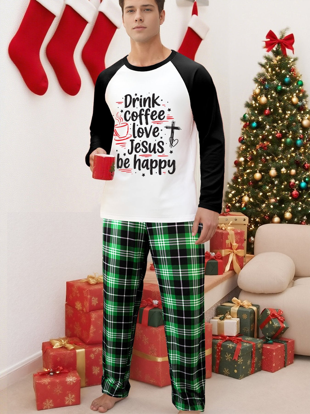 Drink Coffee Love Jesus Be Happy Unisex Adult Christian Plaid Pajamas - ClaimedbyGodDesigns