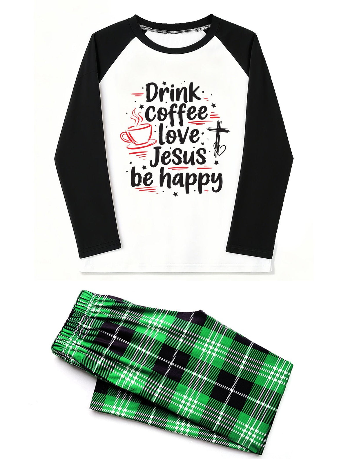 Drink Coffee Love Jesus Be Happy Unisex Adult Christian Plaid Pajamas - ClaimedbyGodDesigns