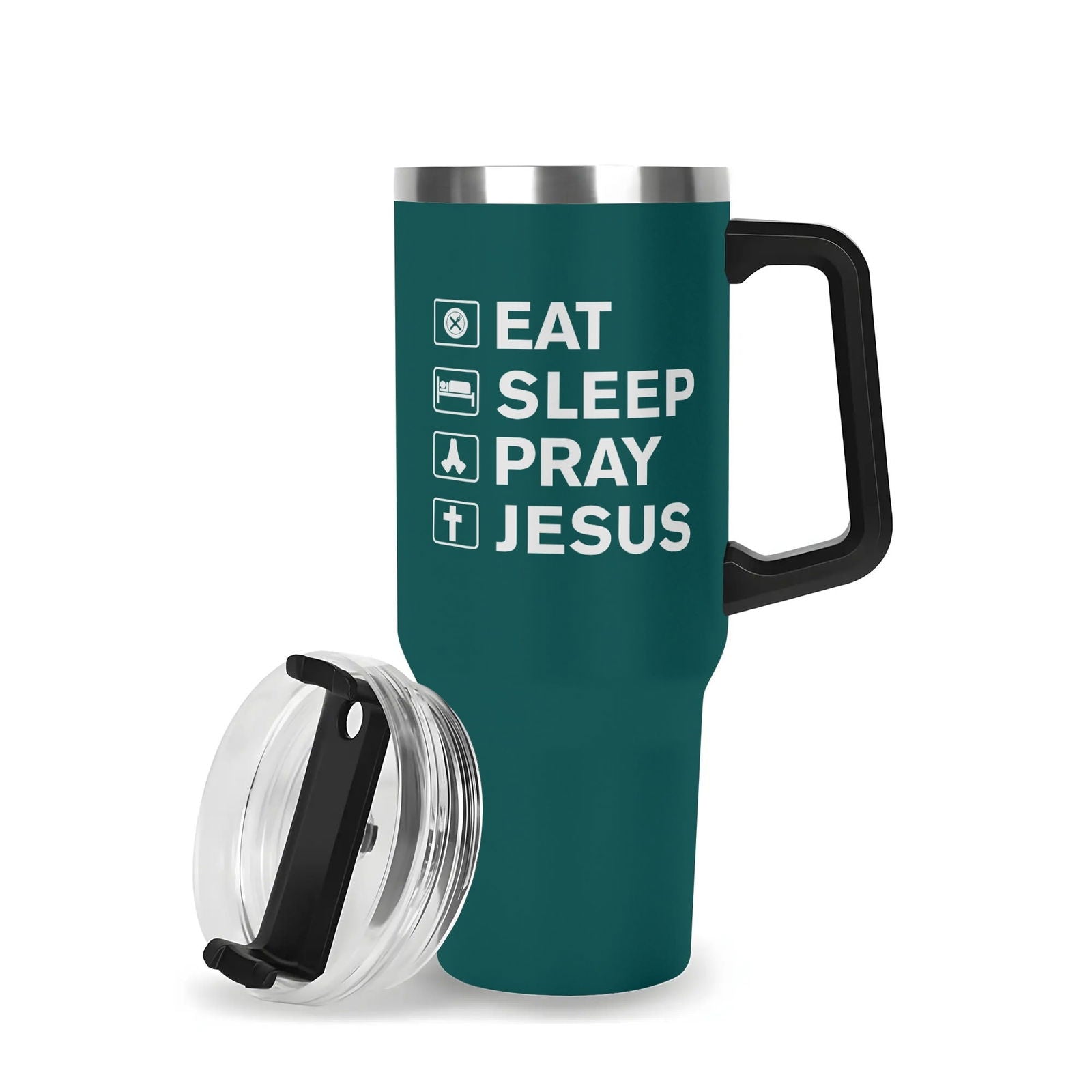Eat Sleep Pray Jesus 40oz Stainless Steel Christian Tumbler Gift With Black Handle and Straw - ClaimedbyGodDesigns
