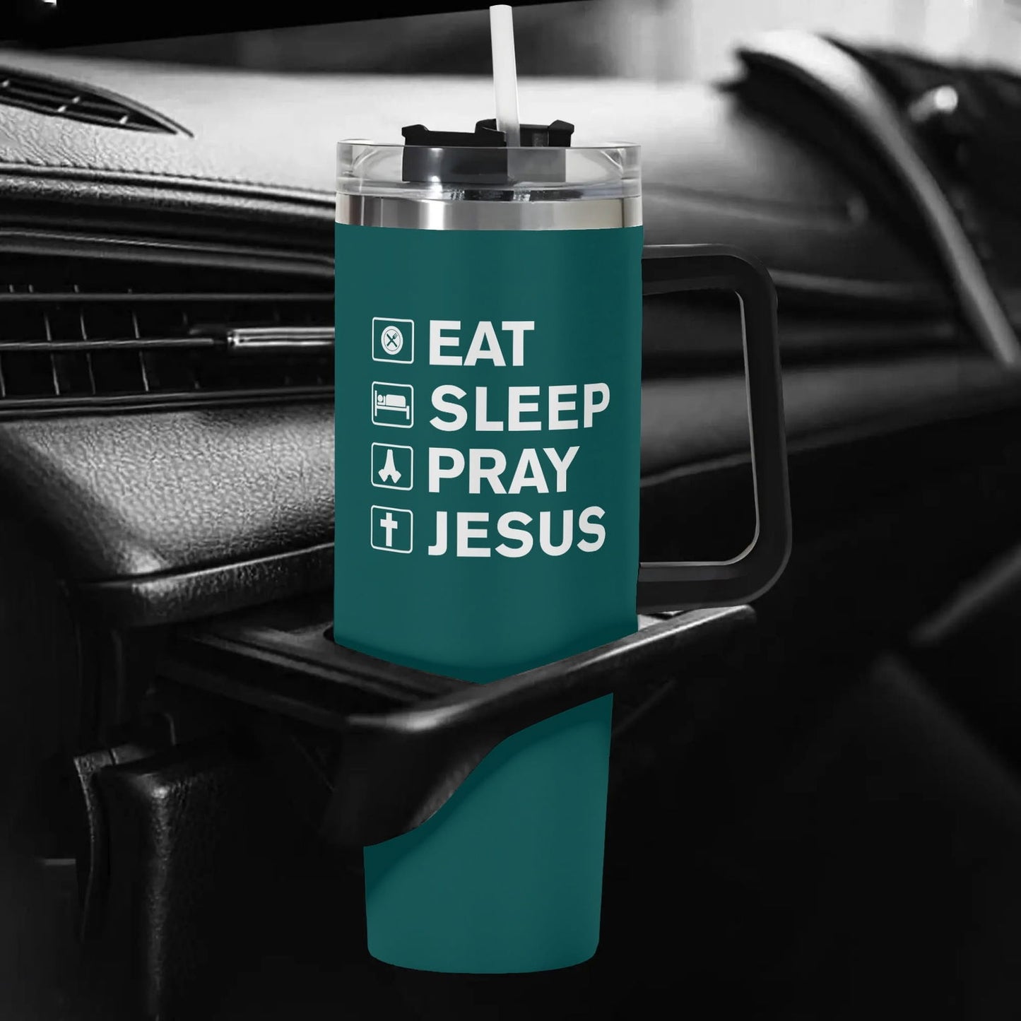 Eat Sleep Pray Jesus 40oz Stainless Steel Christian Tumbler Gift With Black Handle and Straw - ClaimedbyGodDesigns