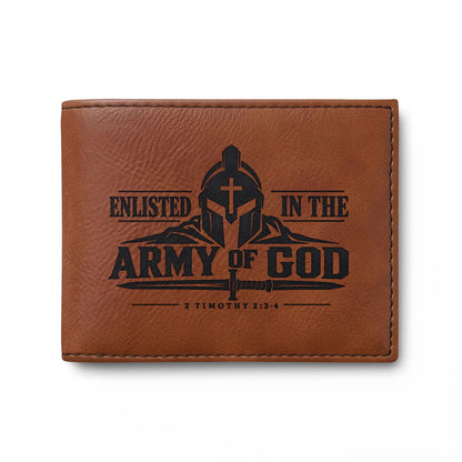 Enlisted in the Army of God Christian wallet with warrior and cross, 2 Timothy 2:3