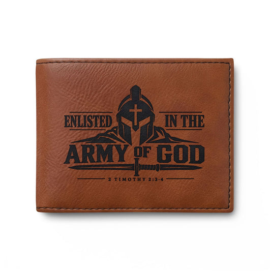 Enlisted in the Army of God Christian wallet with warrior and cross, 2 Timothy 2:3