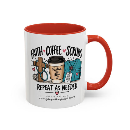 Faith Coffee Scrubs Mug — "Fueled by Him" Christian Nurse Coffee Mug (11oz) - Claimed by God Designs