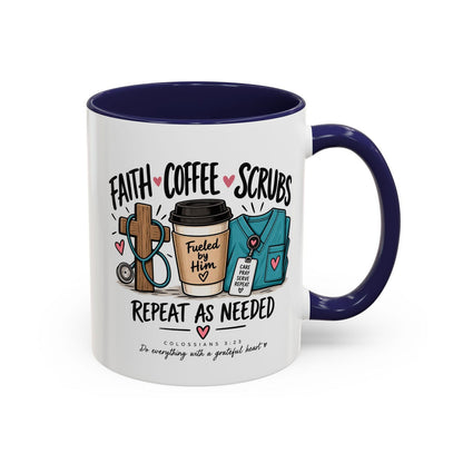 Faith Coffee Scrubs Mug — "Fueled by Him" Christian Nurse Coffee Mug (11oz) - Claimed by God Designs