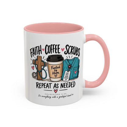 Faith Coffee Scrubs Mug — "Fueled by Him" Christian Nurse Coffee Mug (11oz) - Claimed by God Designs