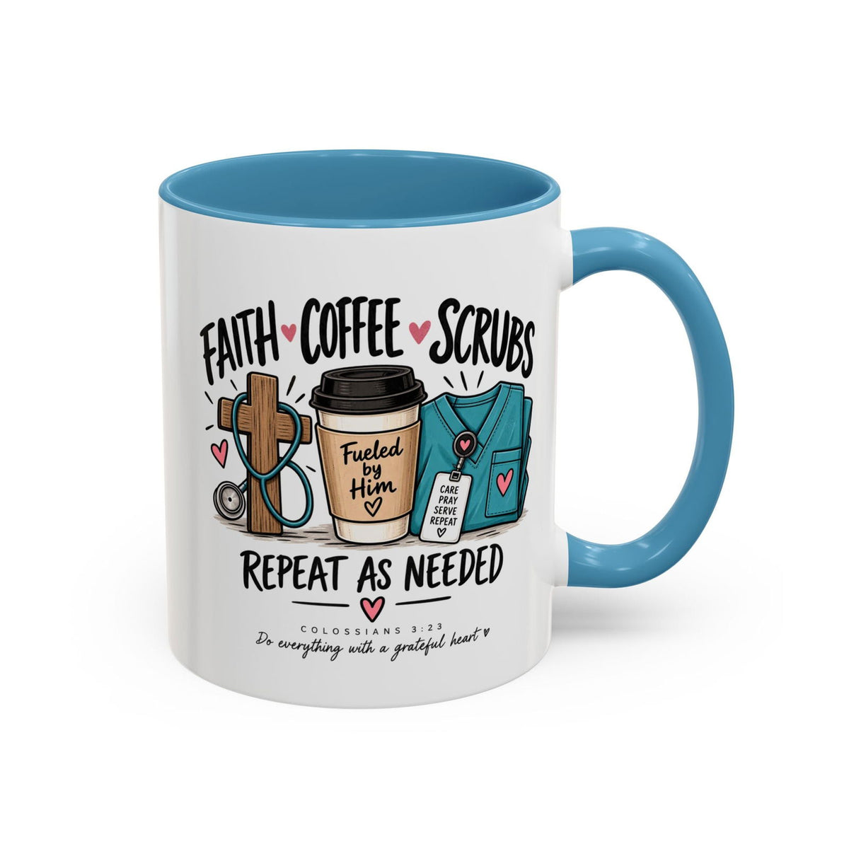 Faith Coffee Scrubs Mug — "Fueled by Him" Christian Nurse Coffee Mug (11oz) - Claimed by God Designs