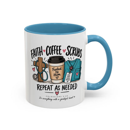 Faith Coffee Scrubs Mug — "Fueled by Him" Christian Nurse Coffee Mug (11oz) - Claimed by God Designs