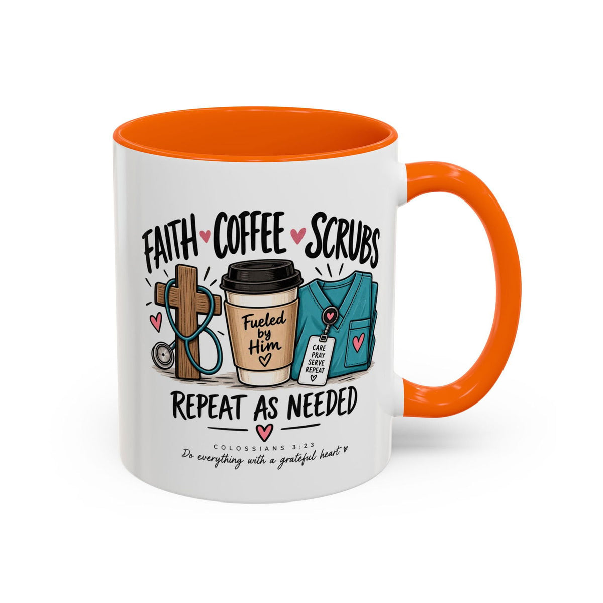 Faith Coffee Scrubs Mug — "Fueled by Him" Christian Nurse Coffee Mug (11oz) - Claimed by God Designs