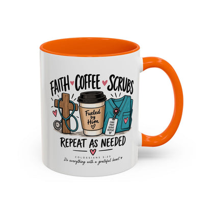 Faith Coffee Scrubs Mug — "Fueled by Him" Christian Nurse Coffee Mug (11oz) - Claimed by God Designs