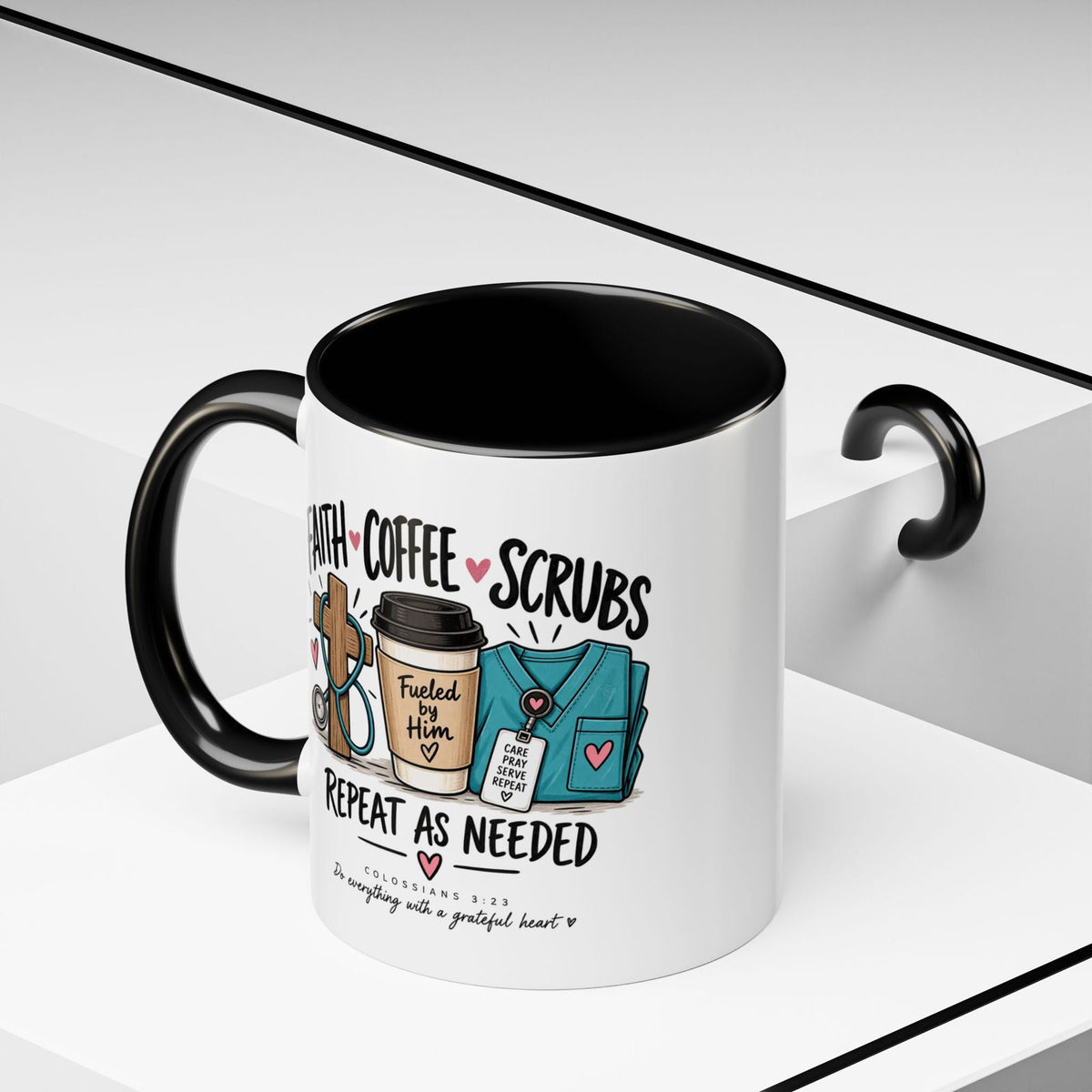 Faith Coffee Scrubs Mug — "Fueled by Him" Christian Nurse Coffee Mug (11oz) - Claimed by God Designs