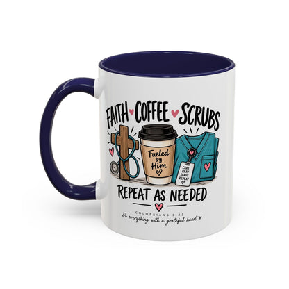 Faith Coffee Scrubs Mug — "Fueled by Him" Christian Nurse Coffee Mug (11oz) - Claimed by God Designs
