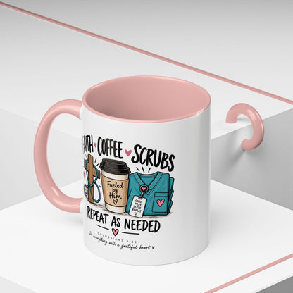 Faith Coffee Scrubs Mug — "Fueled by Him" Christian Nurse Coffee Mug (11oz) - Claimed by God Designs