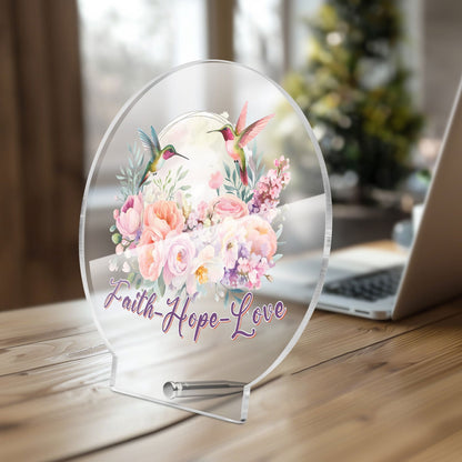Faith Hope Love Christian Acrylic Plaque with Stand - Round - ClaimedbyGodDesigns