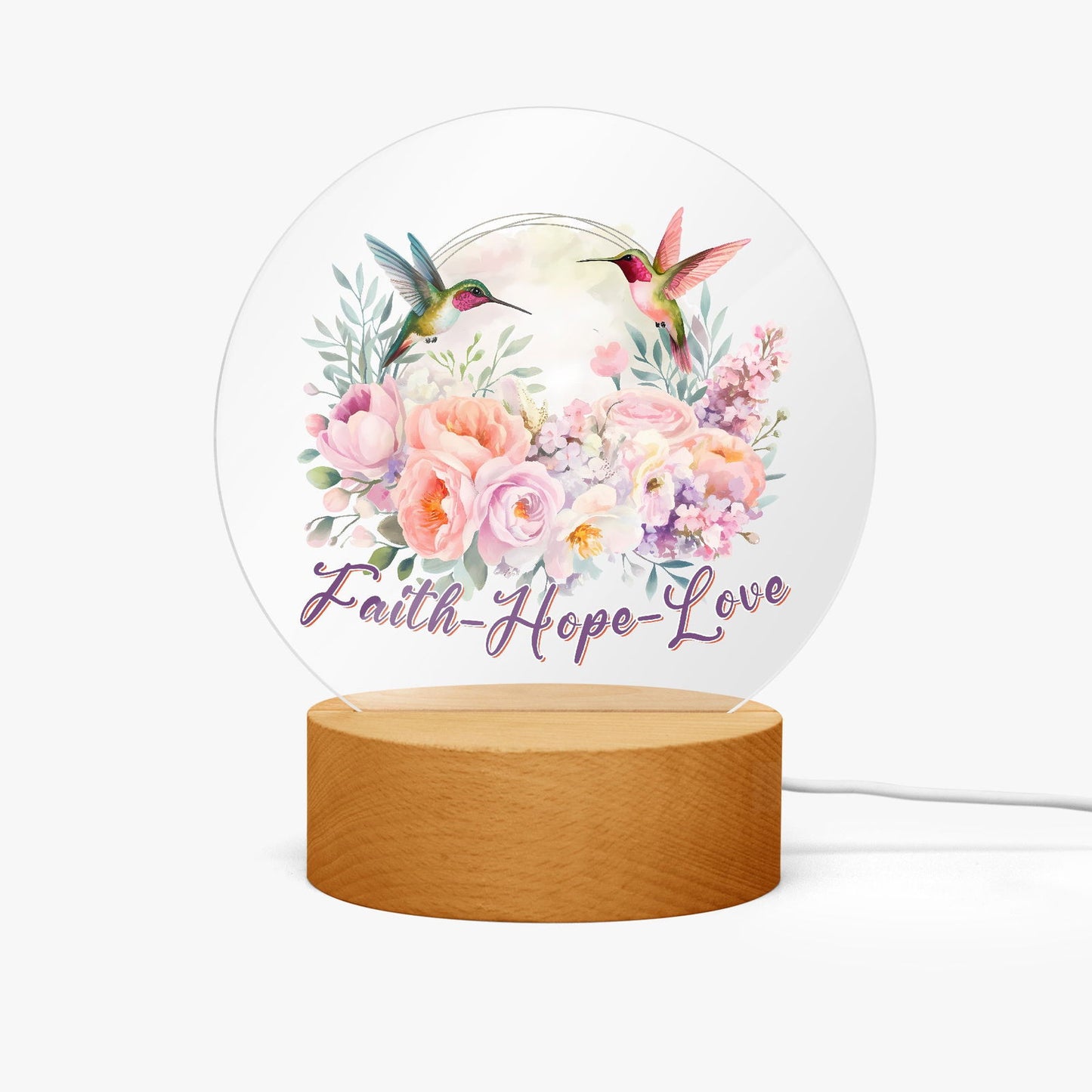 Faith Hope Love Christian Acrylic Plaque with Stand - Round - ClaimedbyGodDesigns