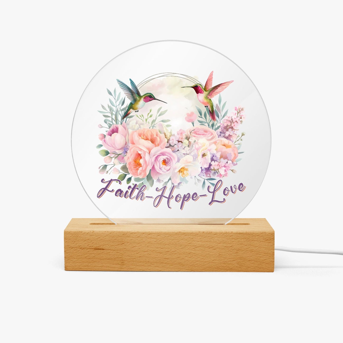 Faith Hope Love Christian Acrylic Plaque with Stand - Round - ClaimedbyGodDesigns