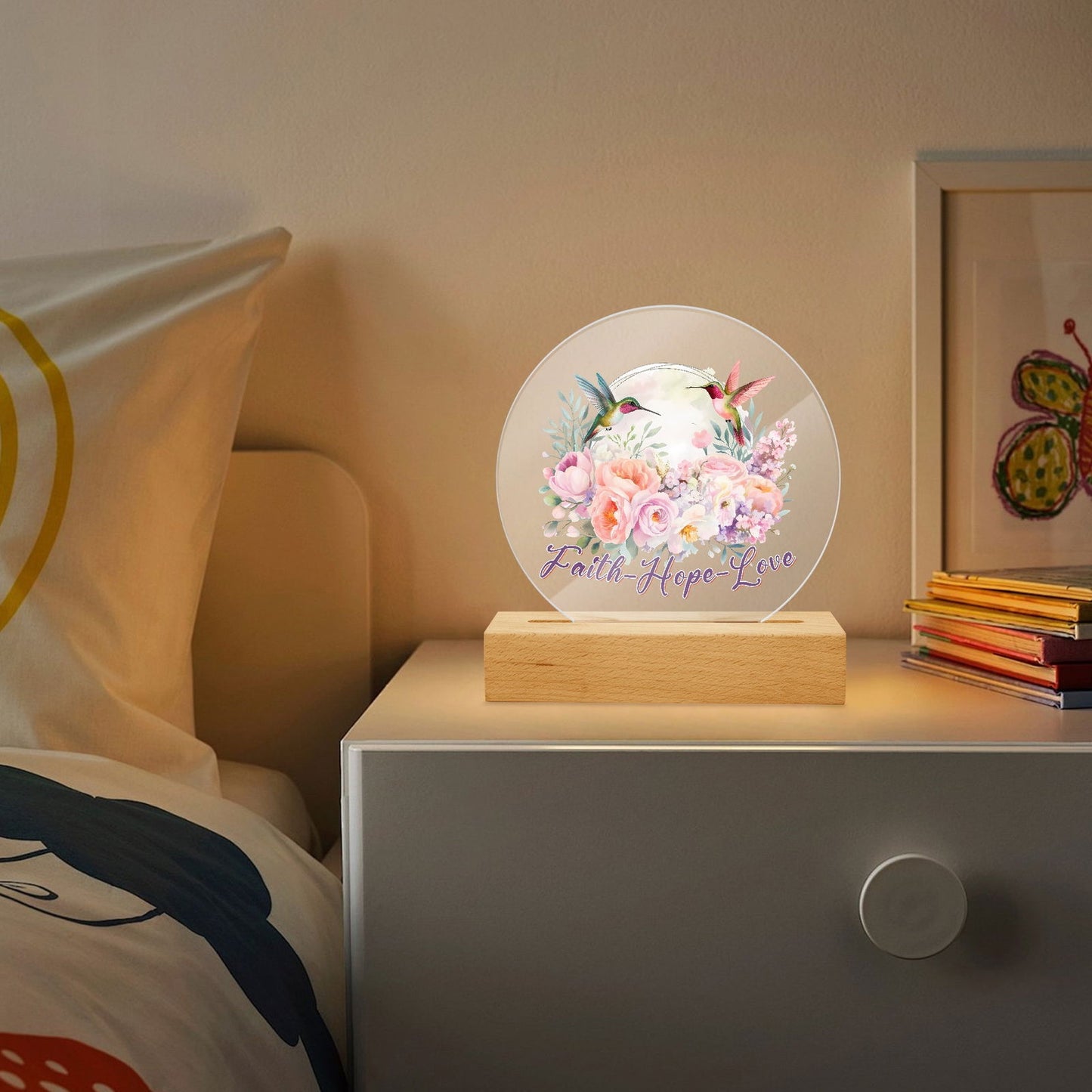 Faith Hope Love Christian Acrylic Plaque with Stand - Round - ClaimedbyGodDesigns