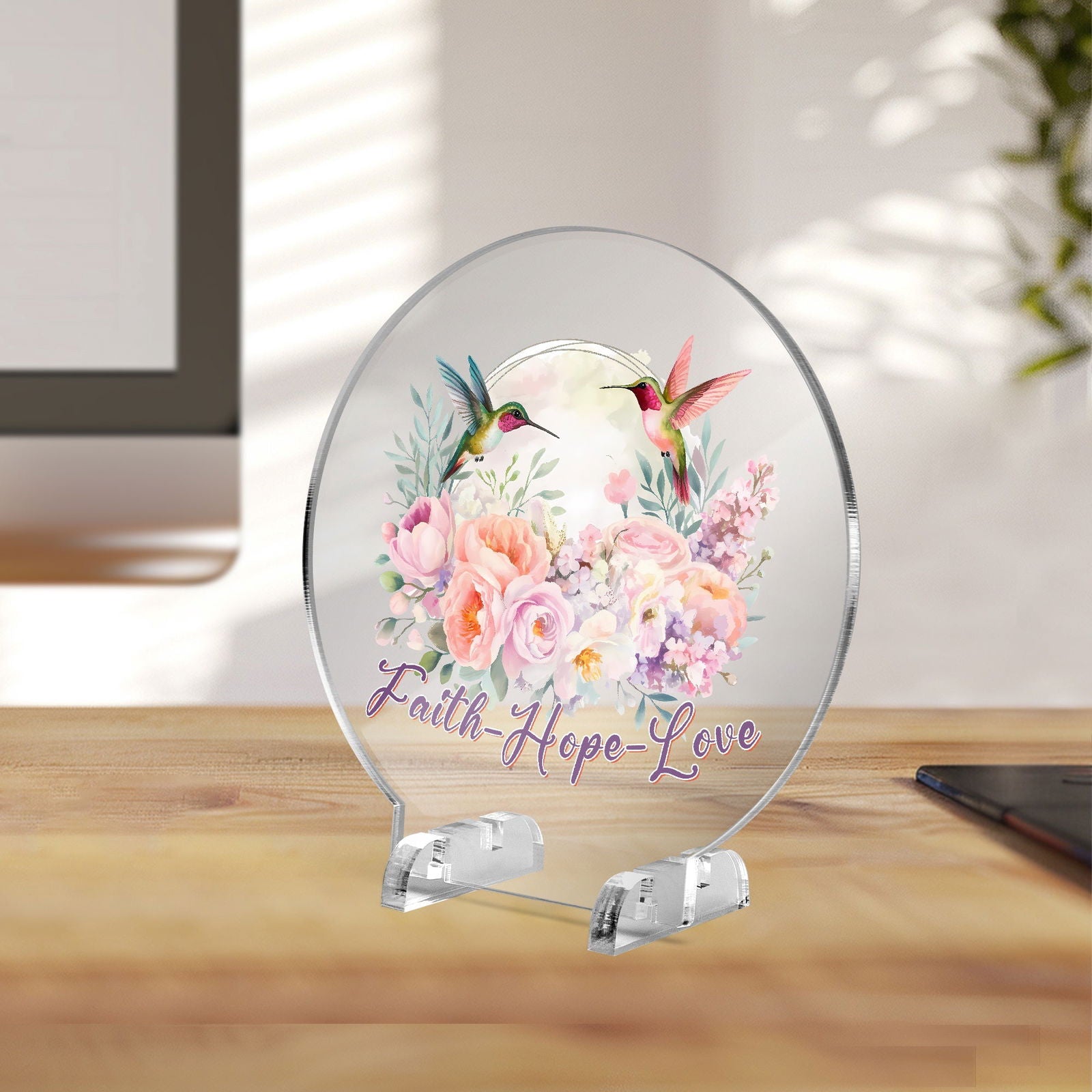 Faith Hope Love Christian Acrylic Plaque with Stand - Round - ClaimedbyGodDesigns