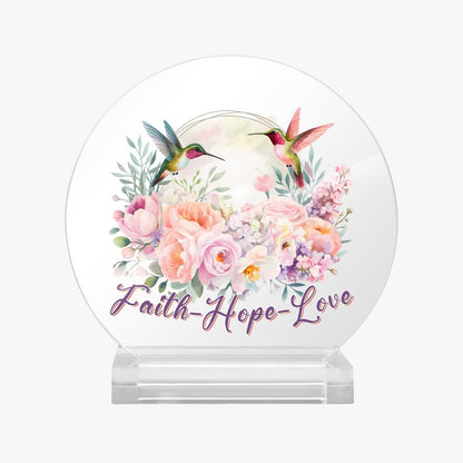 Faith Hope Love Christian Acrylic Plaque with Stand - Round - ClaimedbyGodDesigns