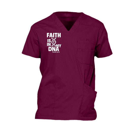 Faith Is In My DNA Men’s Christian 5‑Pocket V‑Neck Premium Medical Scrub Top - ClaimedbyGodDesigns