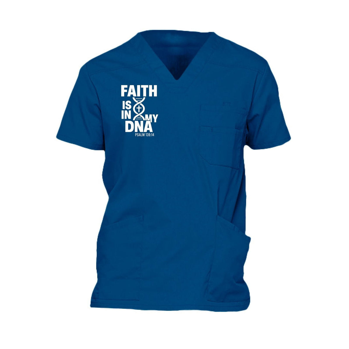 Faith Is In My DNA Men’s Christian 5‑Pocket V‑Neck Premium Medical Scrub Top - ClaimedbyGodDesigns