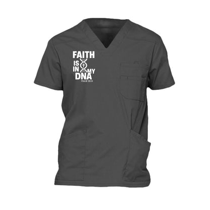 Faith Is In My DNA Men’s Christian 5‑Pocket V‑Neck Premium Medical Scrub Top - ClaimedbyGodDesigns