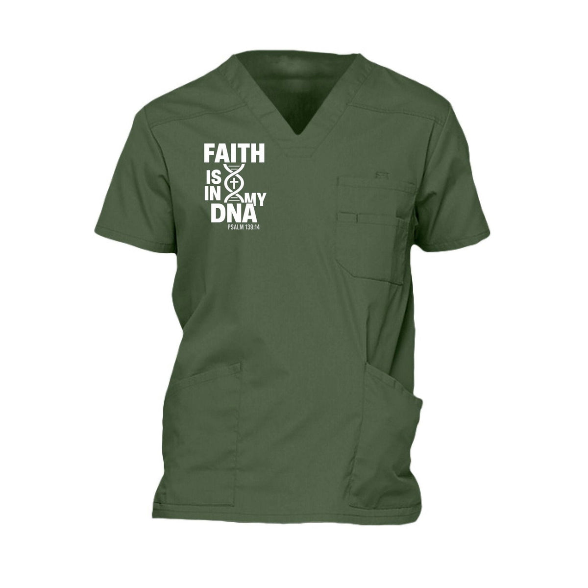 Faith Is In My DNA Men’s Christian 5‑Pocket V‑Neck Premium Medical Scrub Top - ClaimedbyGodDesigns