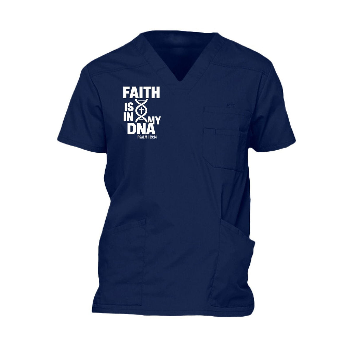 Faith Is In My DNA Men’s Christian 5‑Pocket V‑Neck Premium Medical Scrub Top - ClaimedbyGodDesigns