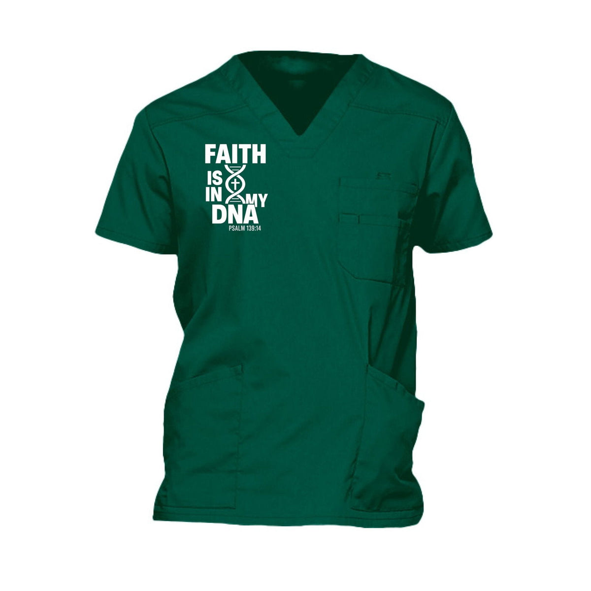 Faith Is In My DNA Men’s Christian 5‑Pocket V‑Neck Premium Medical Scrub Top - ClaimedbyGodDesigns