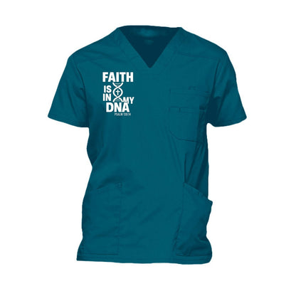 Faith Is In My DNA Men’s Christian 5‑Pocket V‑Neck Premium Medical Scrub Top - ClaimedbyGodDesigns