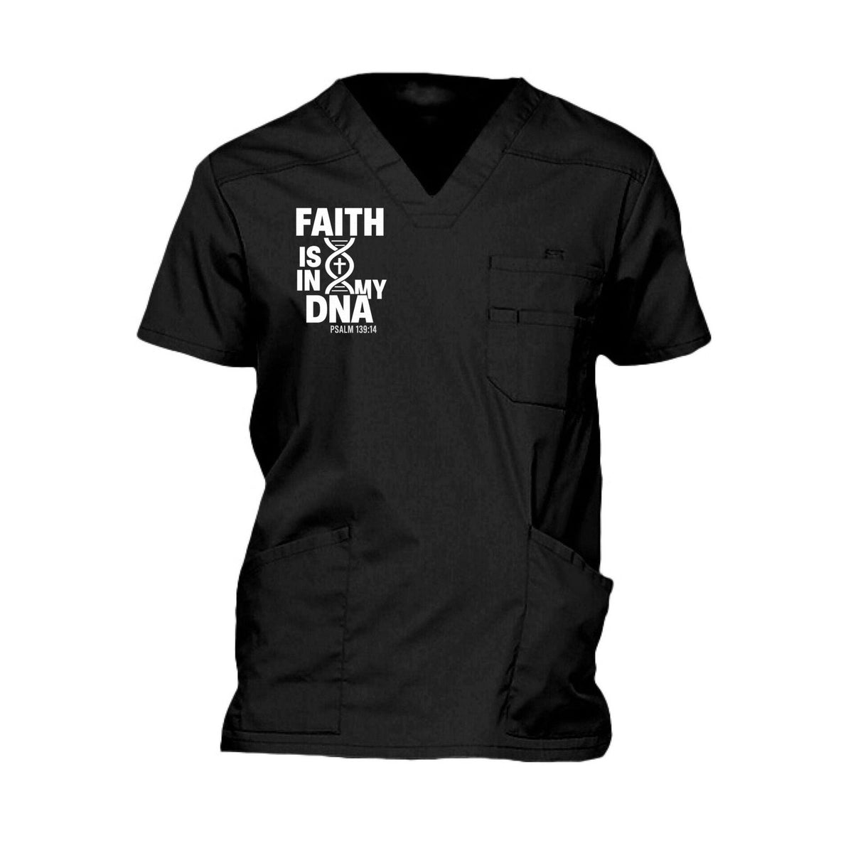Faith Is In My DNA Men’s Christian 5‑Pocket V‑Neck Premium Medical Scrub Top - ClaimedbyGodDesigns