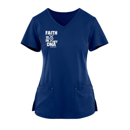 Faith Is In My DNA Premium Women’s Christian 2‑Pocket Juliet Stylish V‑Neck Medical Scrub Top - ClaimedbyGodDesigns