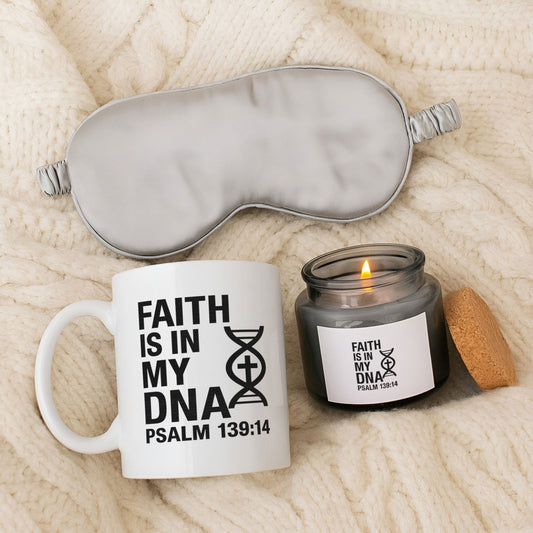 Faith Is In My DNA – 4oz Gray Candle & Mug Christian Gift Set - ClaimedbyGodDesigns