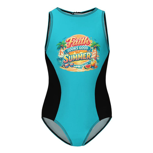 Faith Looks Good In Summer One-Piece Youth Christian Swimsuit - ClaimedbyGodDesigns