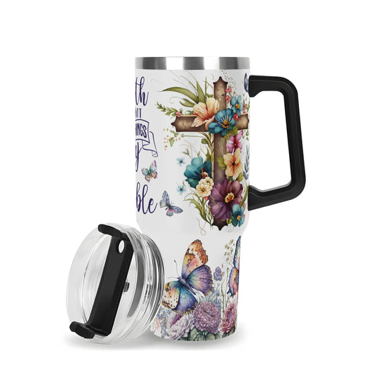 Faith Makes Things Possible 40oz Stainless Steel Christian Tumbler Gift With Black Handle and Straw - ClaimedbyGodDesigns