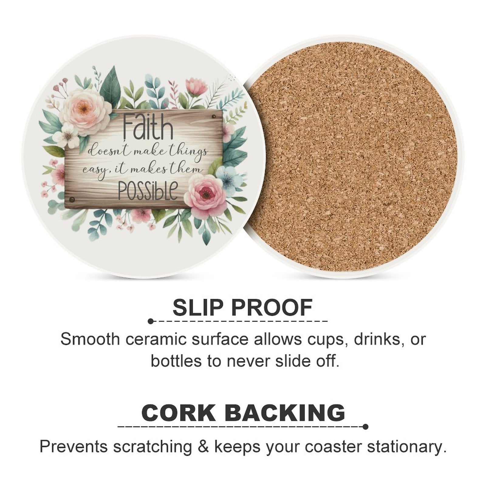 Faith Makes Things Possible Christian Round Ceramic Coaster - ClaimedbyGodDesigns