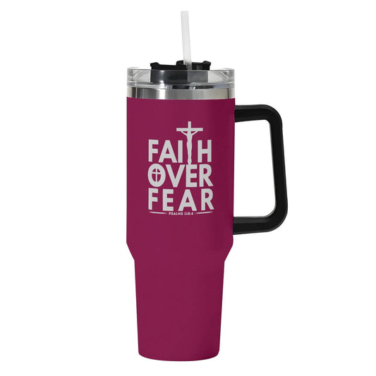 Faith Over Fear 40oz Stainless Steel Christian Tumbler Gift With Black Handle and Straw - ClaimedbyGodDesigns