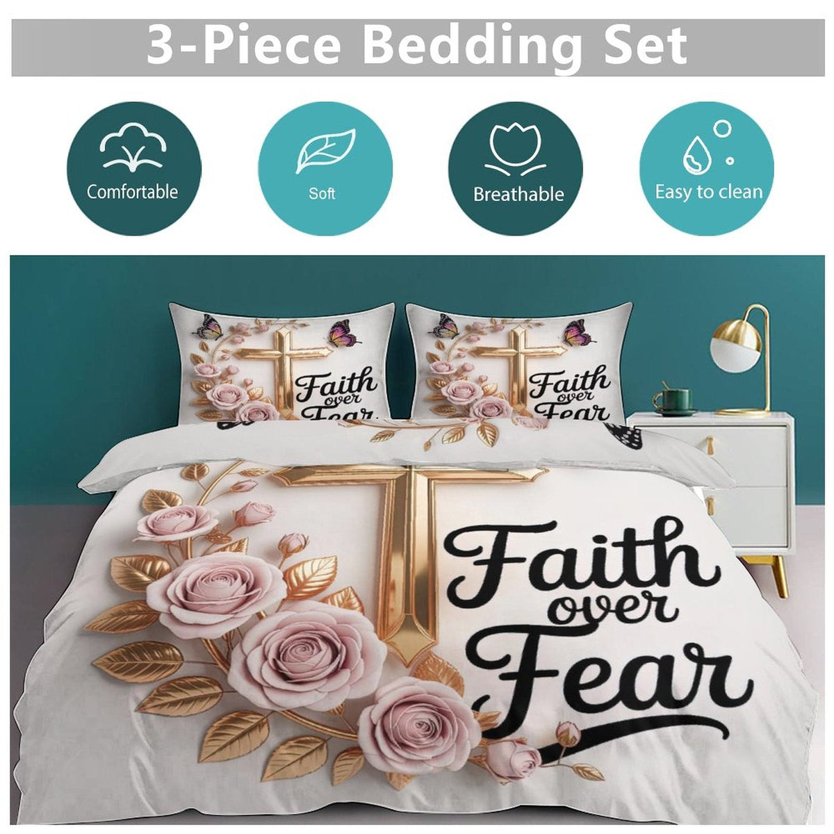 Faith Over Fear Christian 3-Piece Bedding Set - ClaimedbyGodDesigns